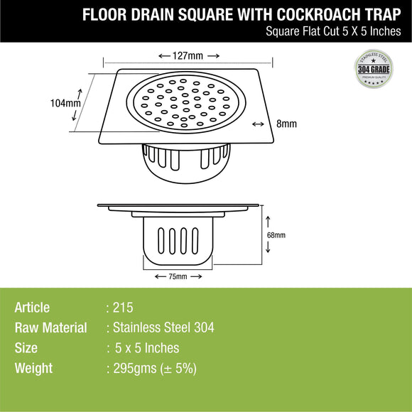 Square Flat Cut Floor Drain (5 x 5 Inches) with Cockroach Trap - LIPKA - Lipka Home