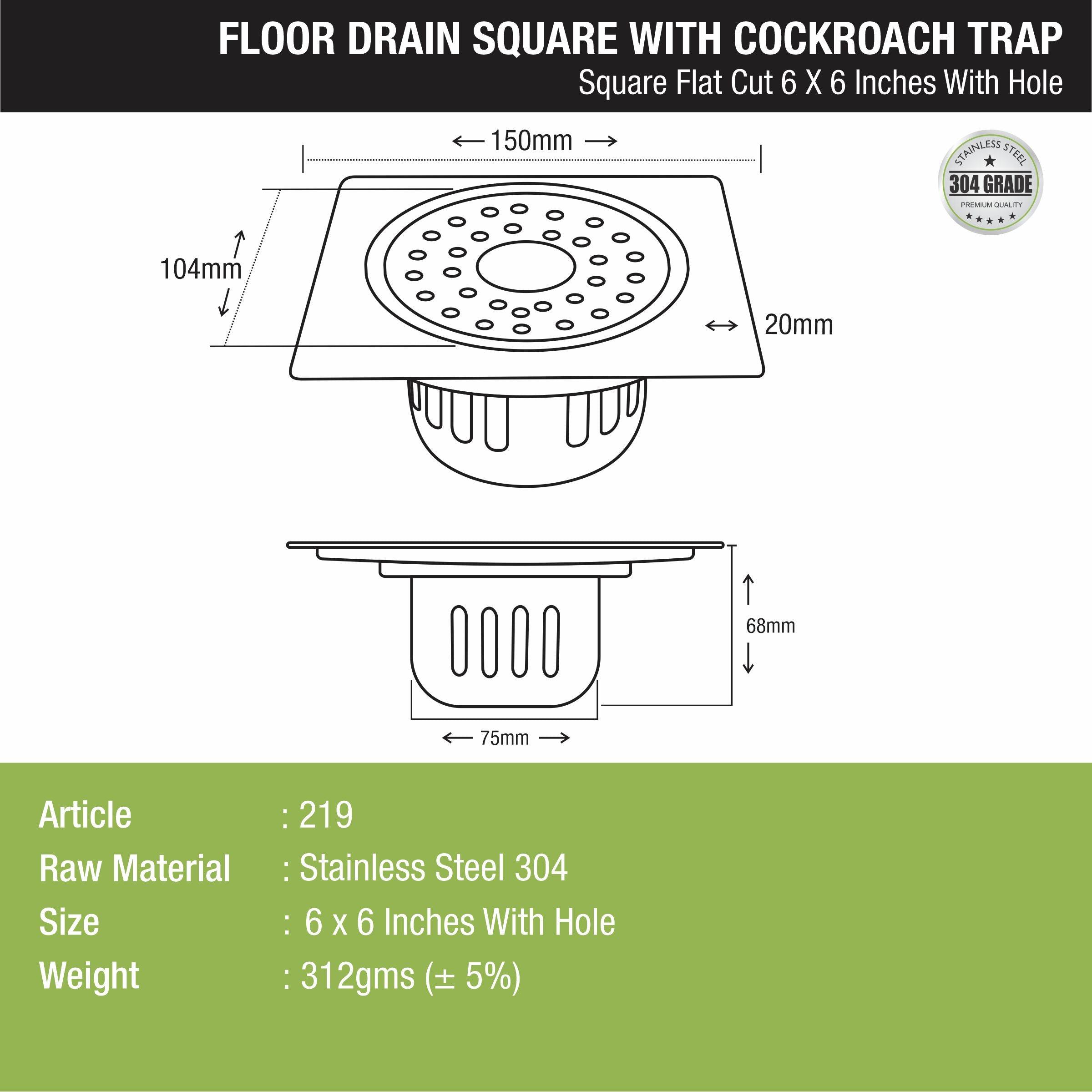 Square Flat Cut Floor Drain (6 x 6 Inches) with Hole and Cockroach Trap - LIPKA - Lipka Home