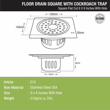 Square Flat Cut Floor Drain (6 x 6 Inches) with Hole and Cockroach Trap - LIPKA - Lipka Home