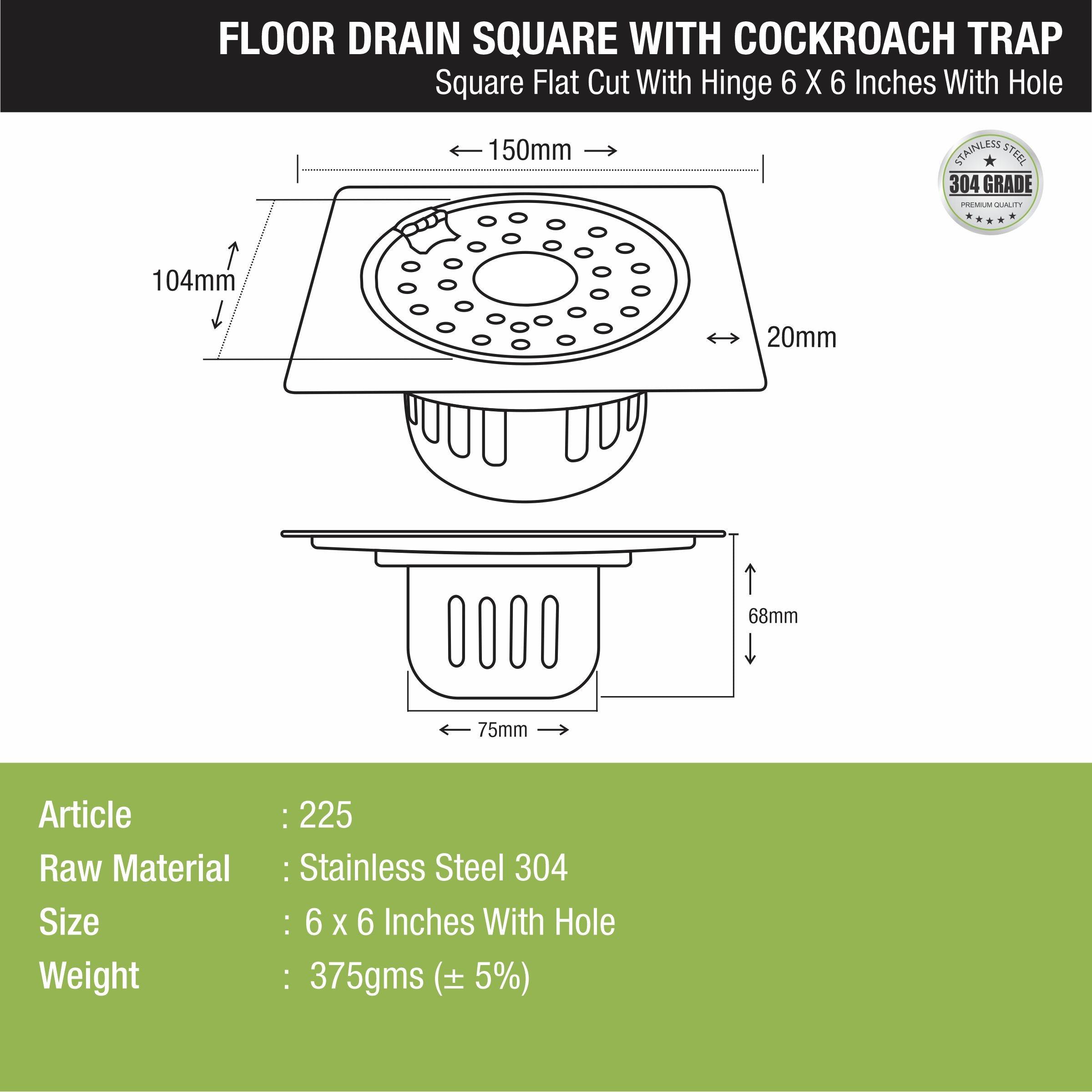 Square Flat Cut Floor Drain (6 x 6 Inches) with Hinge, Hole and Cockroach Trap - LIPKA - Lipka Home