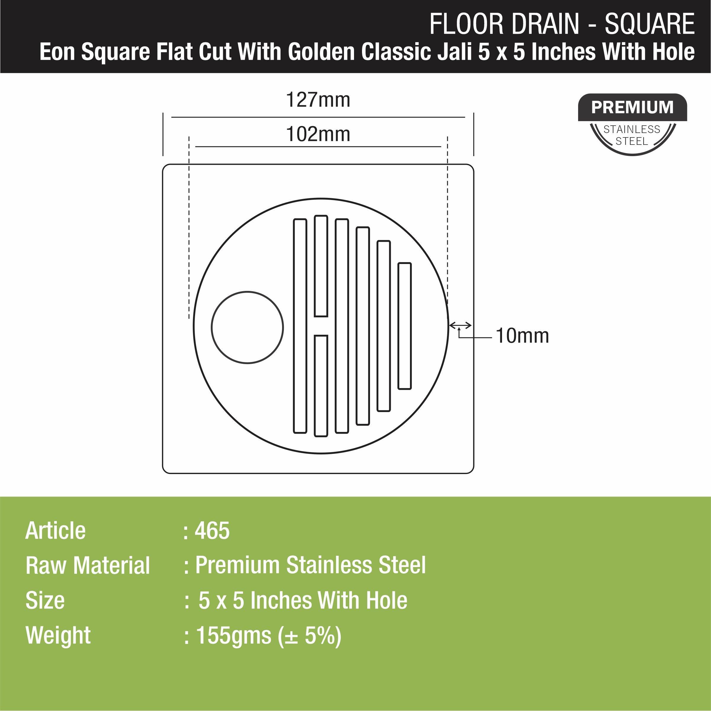 Eon Square Flat Cut Floor Drain with Golden Classic Jali and Hole (5 x 5 Inches) - LIPKA - Lipka Home