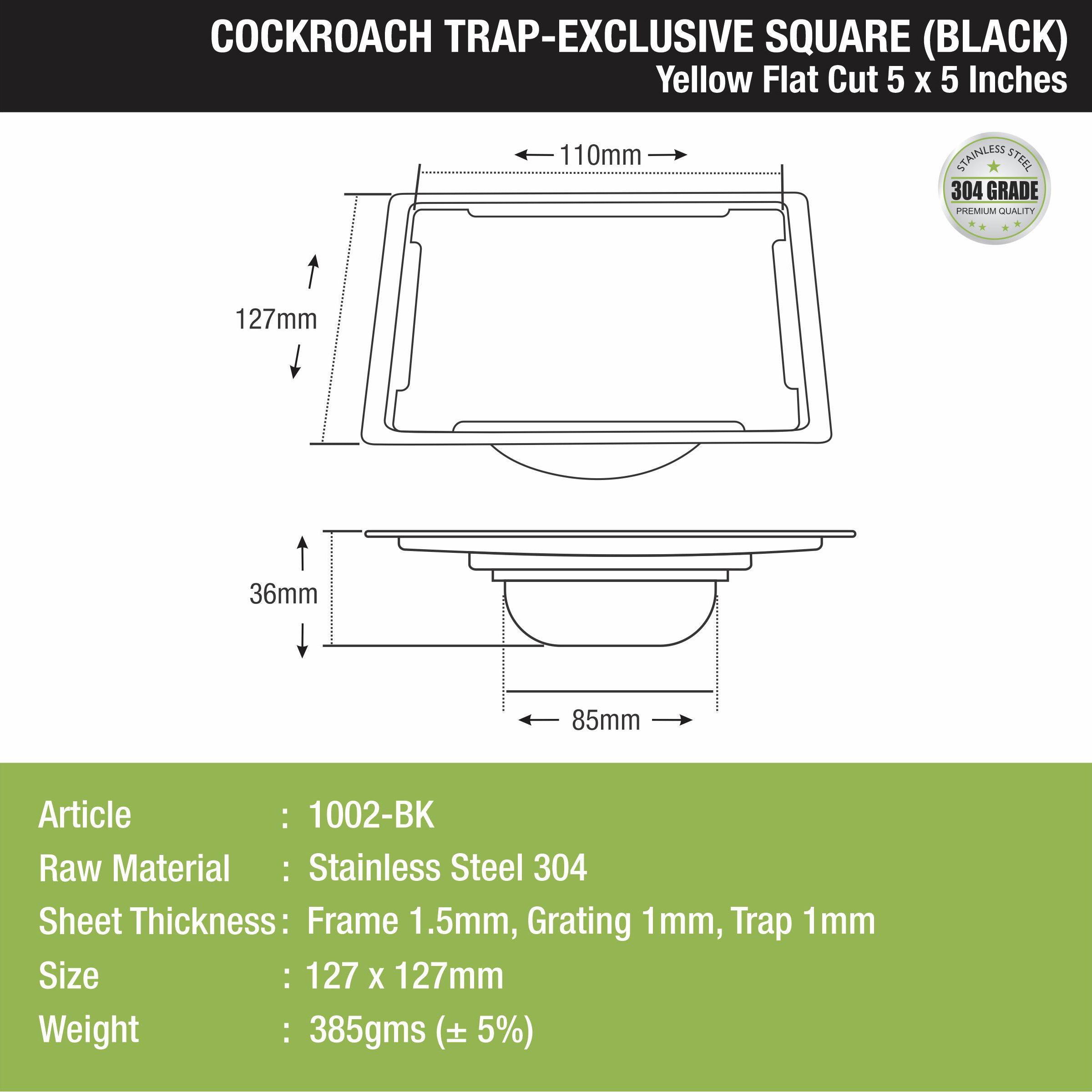 Yellow Exclusive Square Flat Cut Floor Drain in Black PVD Coating (5 x 5 Inches) with Cockroach Trap - LIPKA - Lipka Home