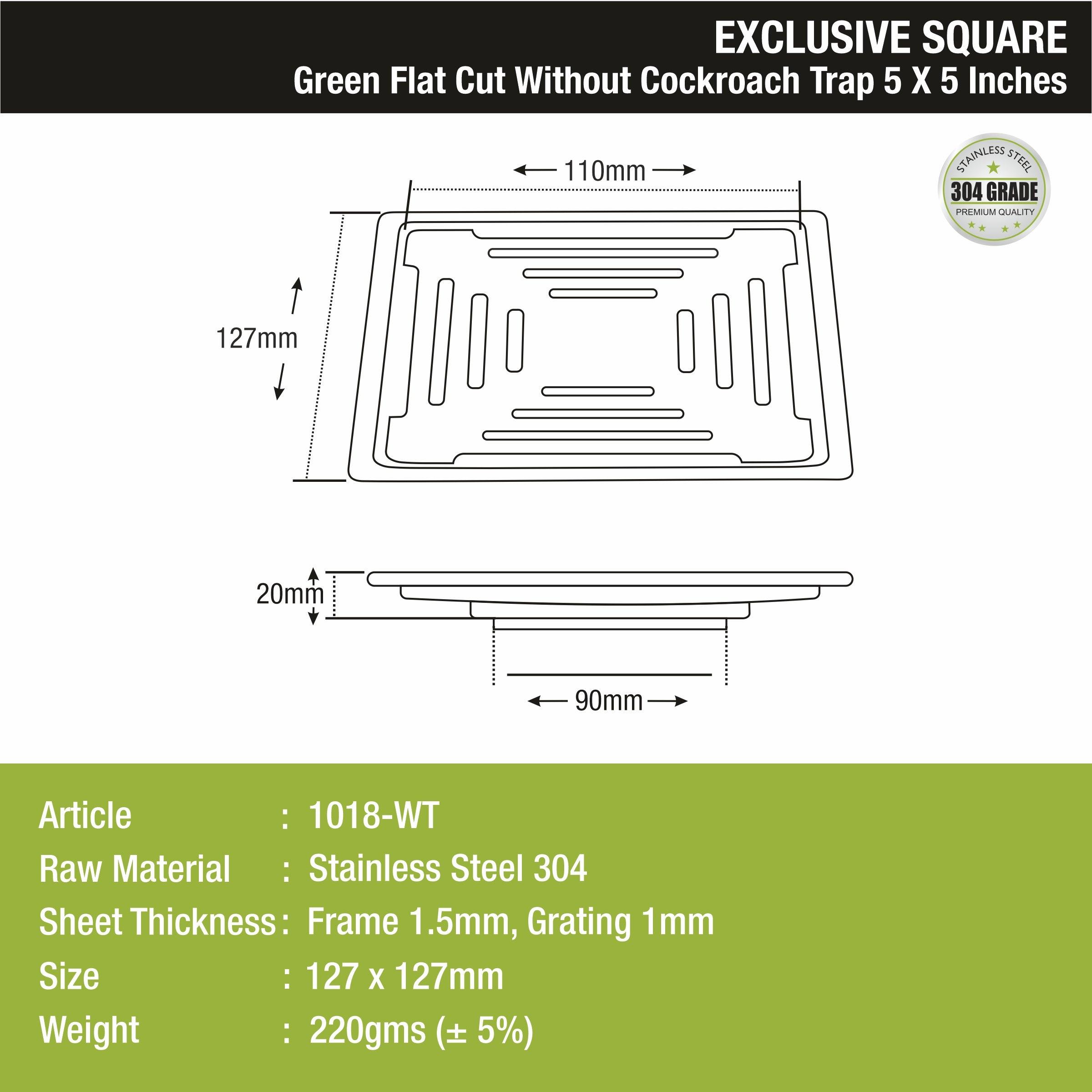 Green Exclusive Square Flat Cut Floor Drain (5 x 5 Inches) sizes and dimensions