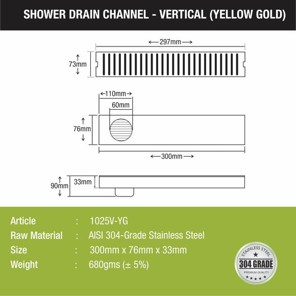 Vertical Shower Drain Channel - Yellow Gold (12 x 3 Inches) - LIPKA - Lipka Home