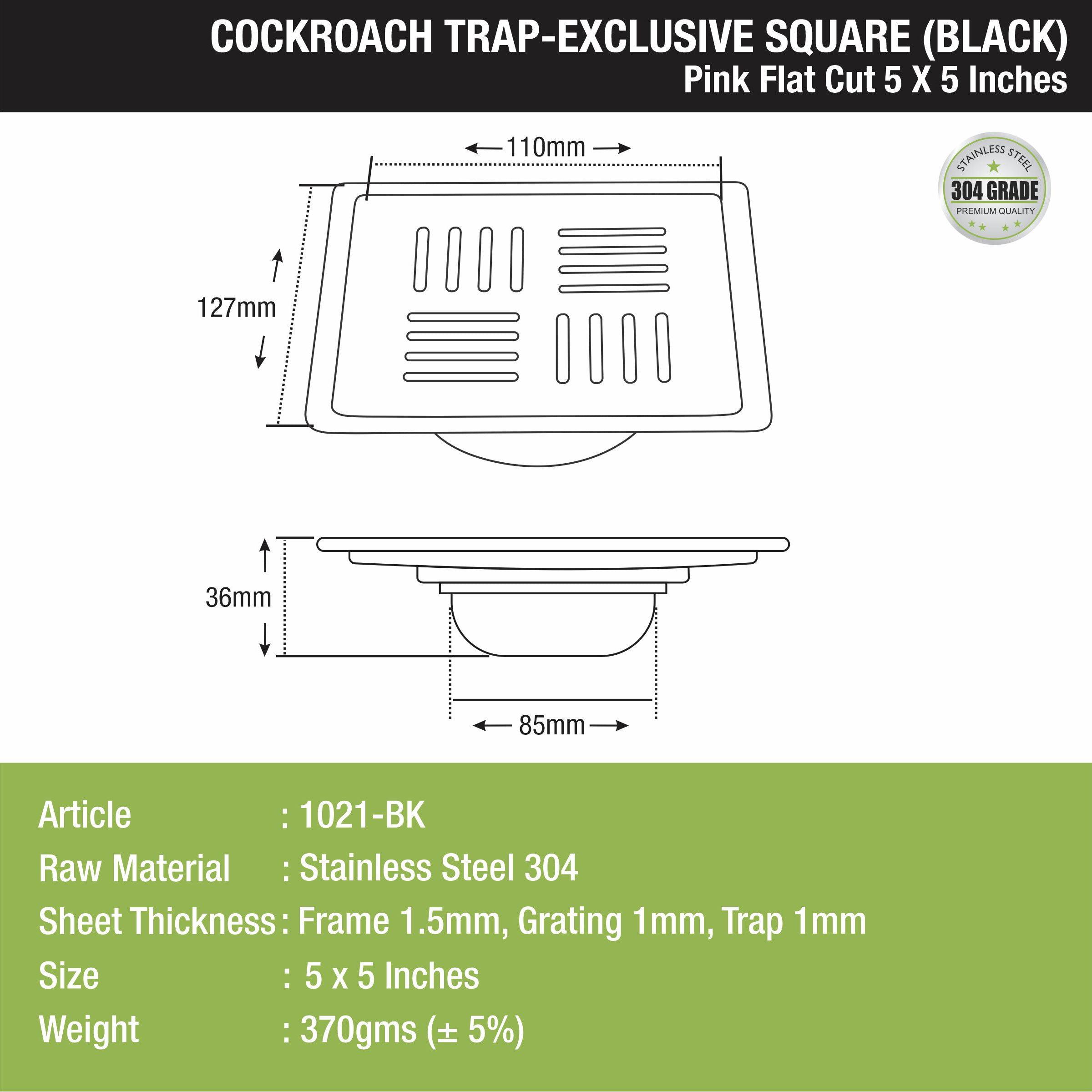Pink Exclusive Square Flat Cut Floor Drain in Black PVD Coating (5 x 5 Inches) with Cockroach Trap  size and measurement