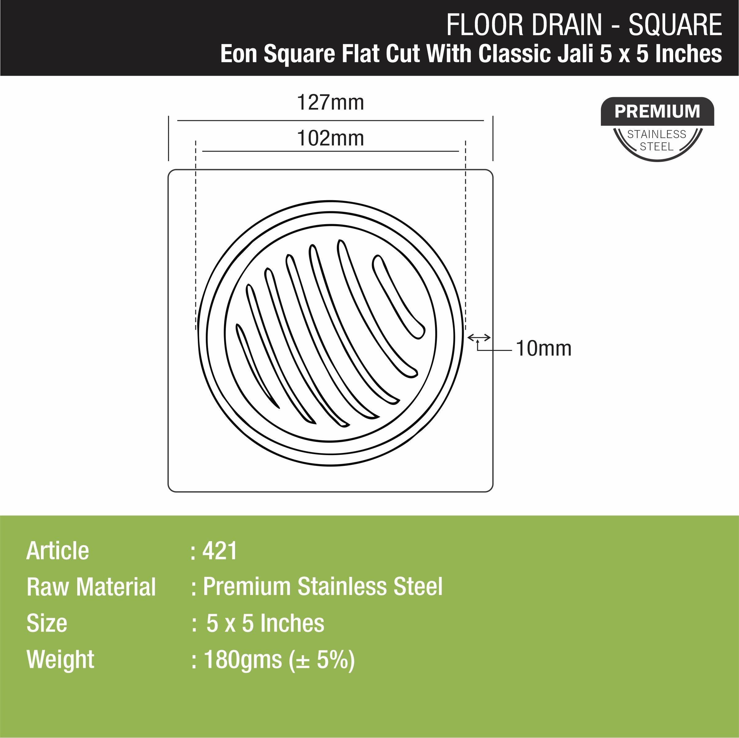 Eon Square Flat Cut Floor Drain with Classic Jali (5 x 5 Inches) - LIPKA - Lipka Home