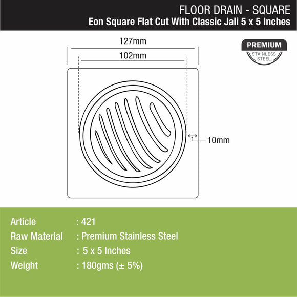 Eon Square Flat Cut Floor Drain with Classic Jali (5 x 5 Inches) - LIPKA - Lipka Home