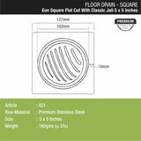 Eon Square Flat Cut Floor Drain with Classic Jali (5 x 5 Inches) - LIPKA