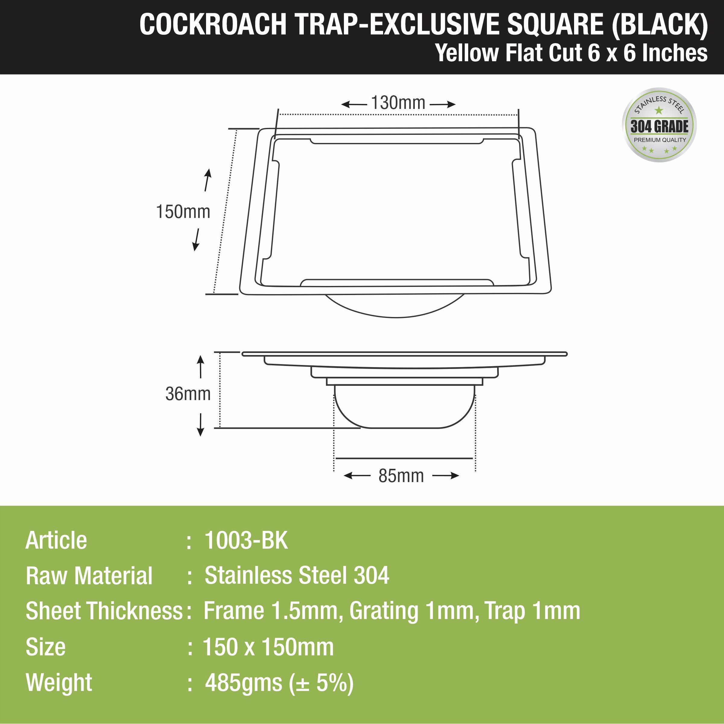 Yellow Exclusive Square Flat Cut Floor Drain in Black PVD Coating (6 x 6 Inches) with Cockroach Trap - LIPKA - Lipka Home