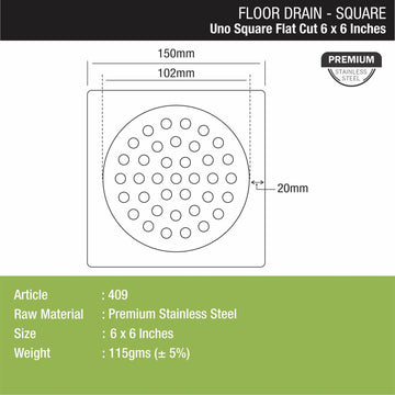 UNO Square Flat Cut Floor Drain (6 x 6 Inches) - LIPKA - Lipka Home