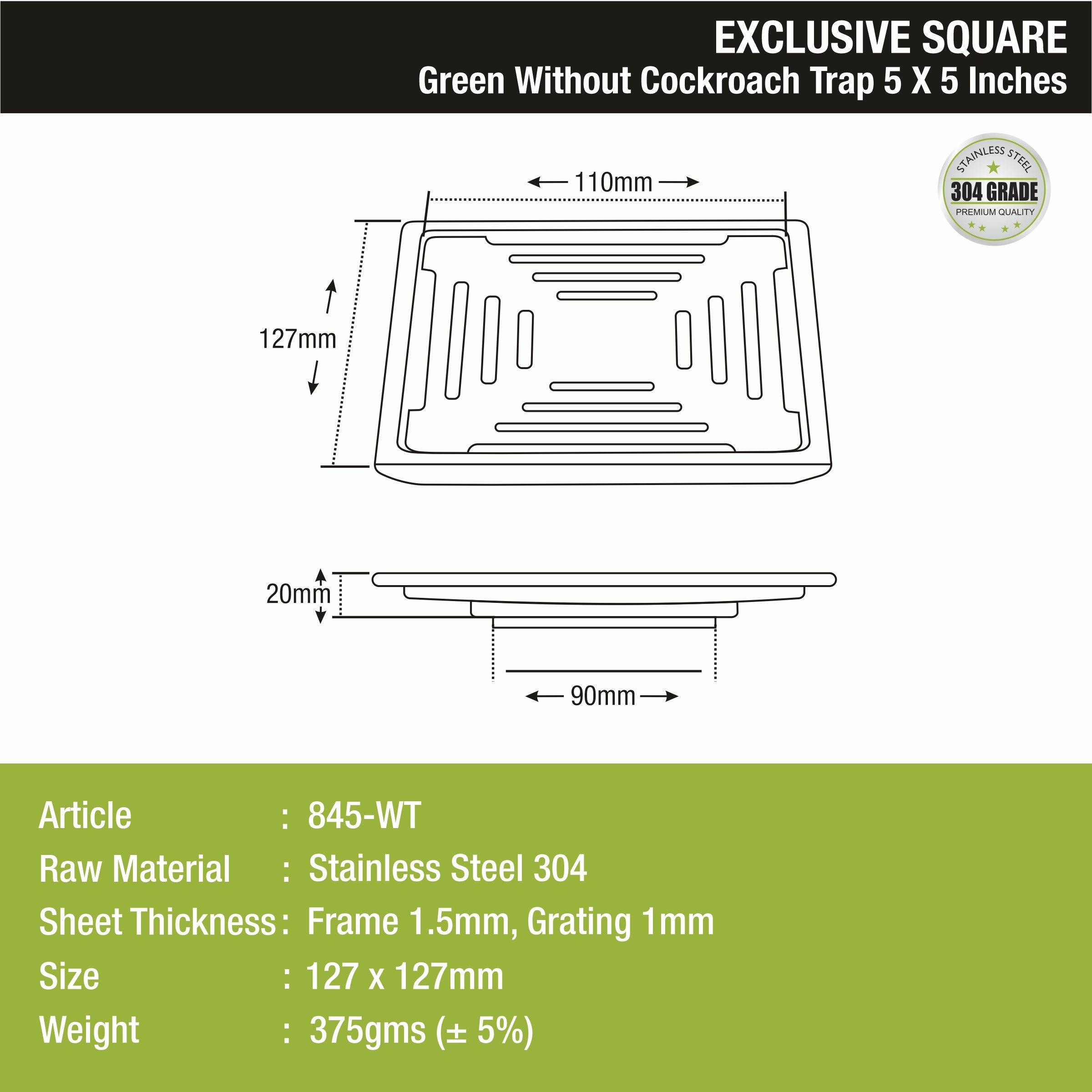 Green Exclusive Square Floor Drain (5 x 5 Inches) sizes and dimensions