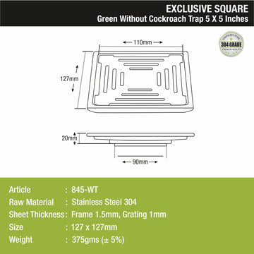 Green Exclusive Square Floor Drain (5 x 5 Inches) - LIPKA - Lipka Home