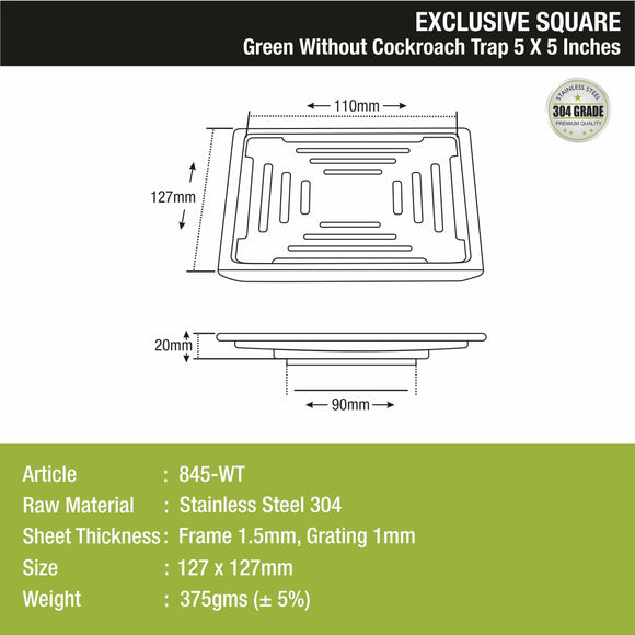 Green Exclusive Square Floor Drain (5 x 5 Inches) - LIPKA - Lipka Home