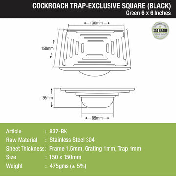 Green Exclusive Square Floor Drain in Black PVD Coating (6 x 6 Inches) with Cockroach Trap - LIPKA - Lipka Home