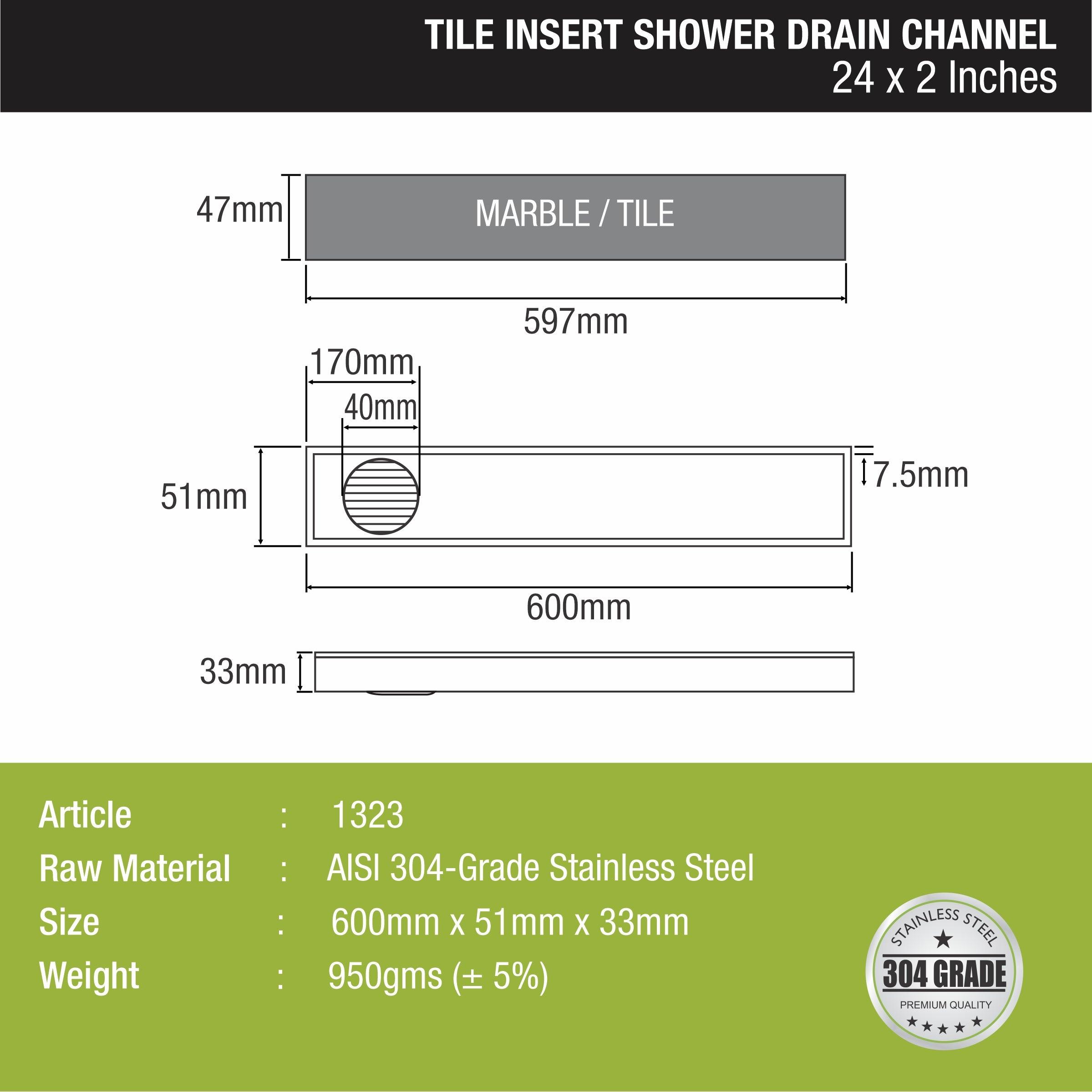 Tile Insert Shower Drain Channel (24 x 2 Inches) sizes and dimensions