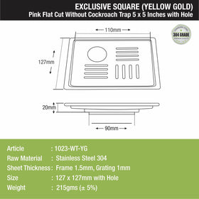 Pink Exclusive Square Flat Cut Floor Drain in Yellow Gold PVD Coating (5 x 5 Inches) with Hole - LIPKA - Lipka Home