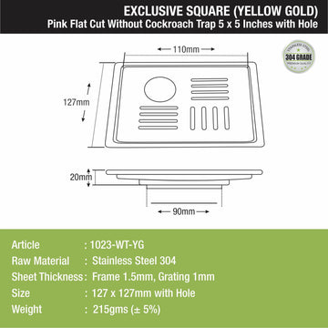 Pink Exclusive Square Flat Cut Floor Drain in Yellow Gold PVD Coating (5 x 5 Inches) with Hole - LIPKA - Lipka Home