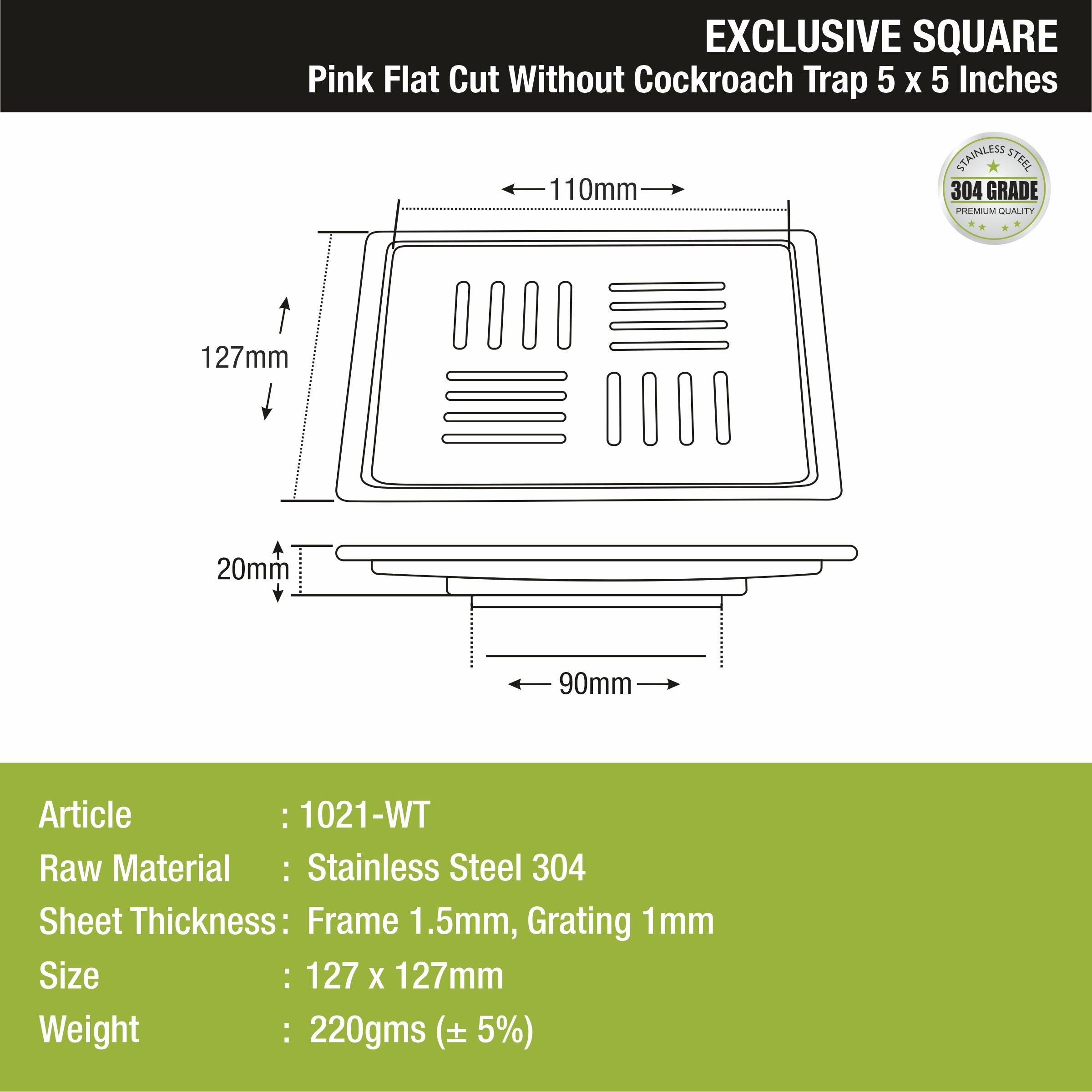 Pink Exclusive Square Flat Cut Floor Drain (5 x 5 Inches) sizes and dimensions