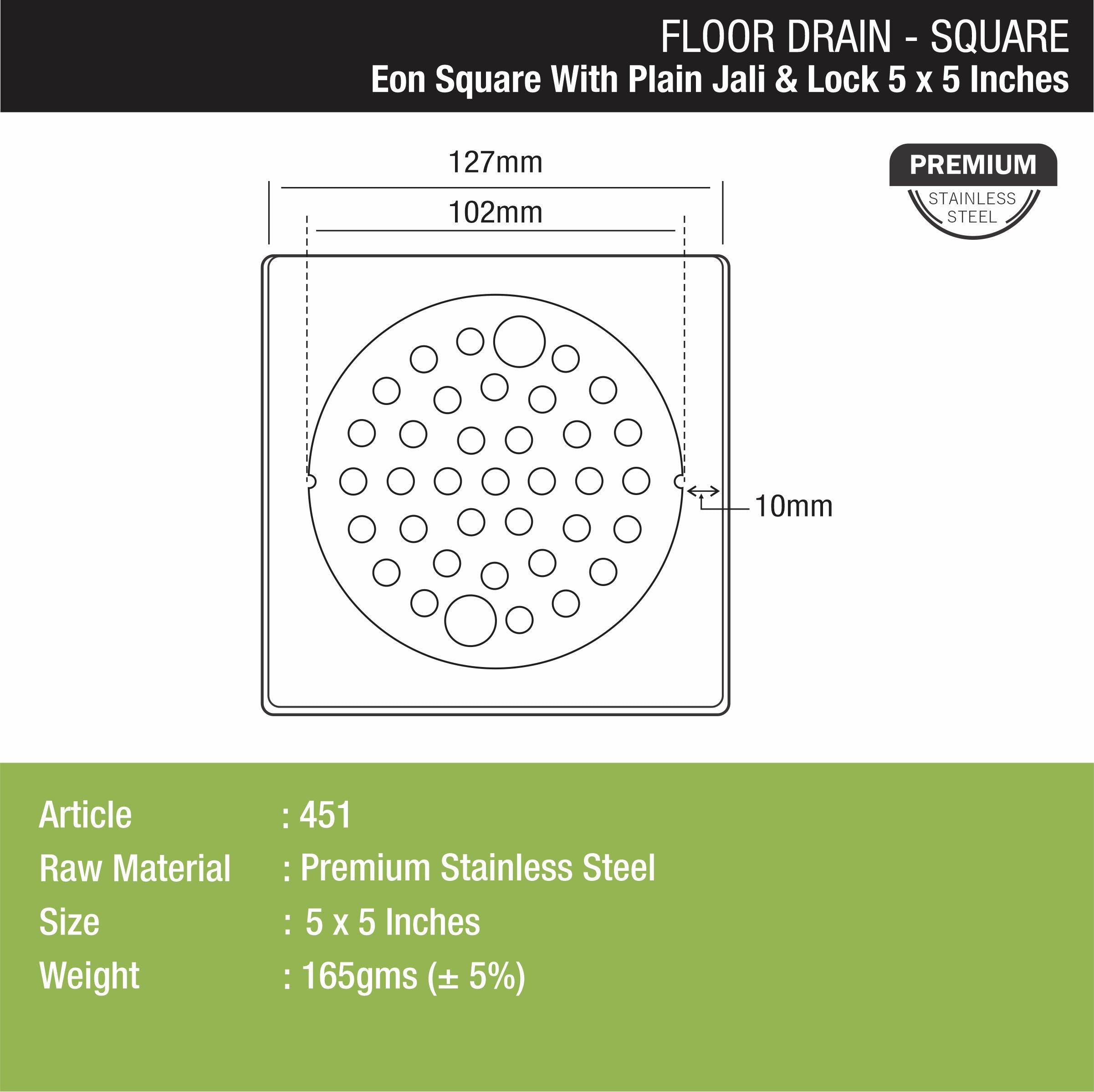 Eon Square Floor Drain with Plain Jali and Lock (5 x 5 Inches) - LIPKA