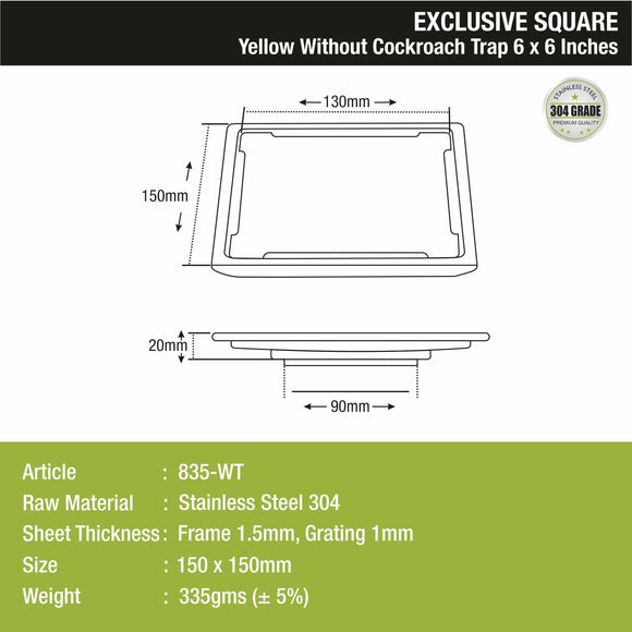 Yellow Exclusive Square Floor Drain (6 x 6 Inches) - LIPKA - Lipka Home