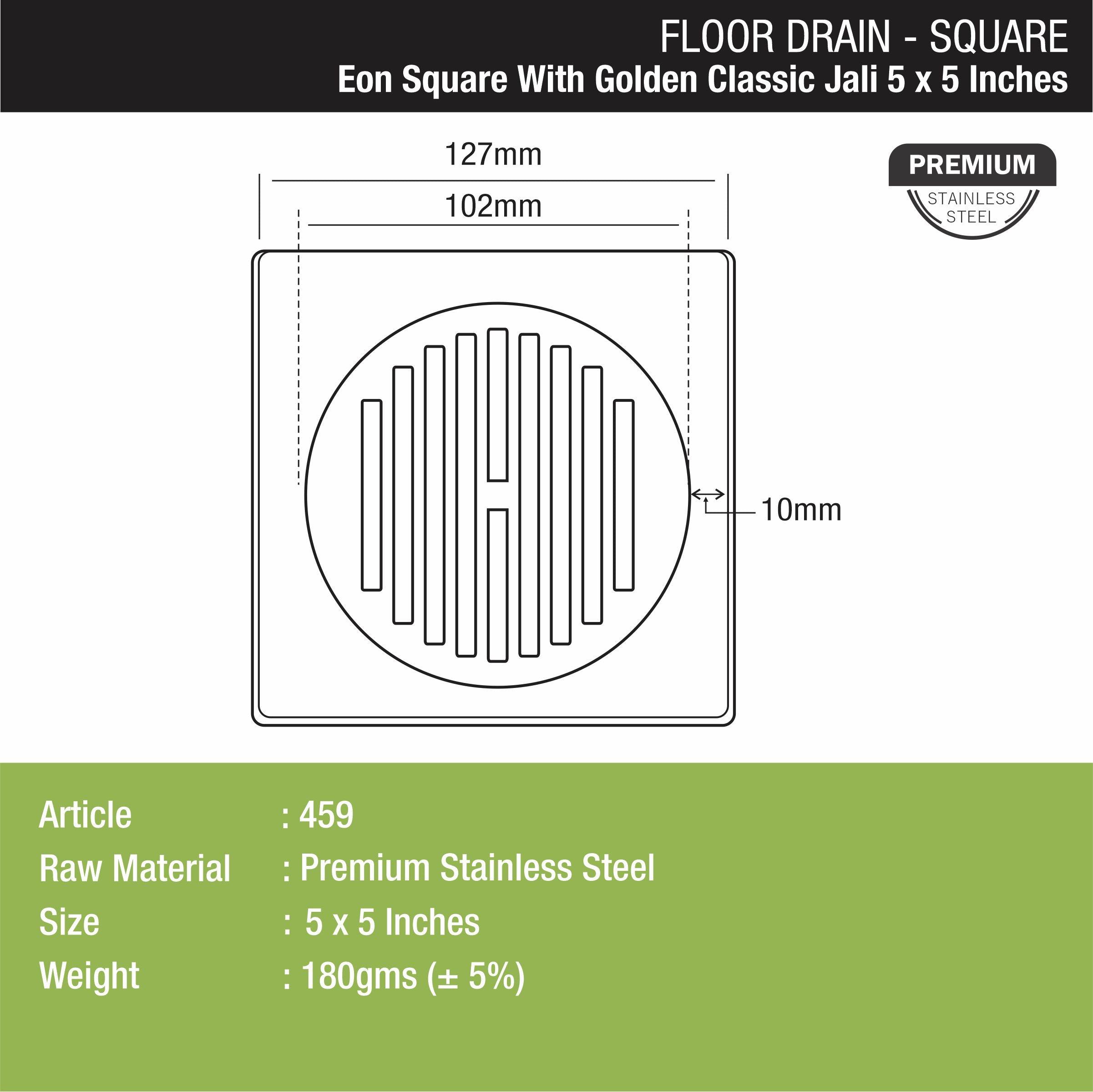 Eon Square Floor Drain with Golden Classic Jali (5 x 5 Inches) - LIPKA - Lipka Home