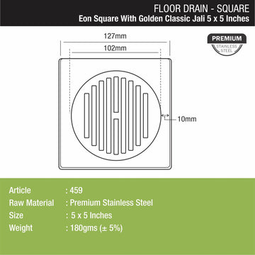 Eon Square Floor Drain with Golden Classic Jali (5 x 5 Inches) - LIPKA - Lipka Home