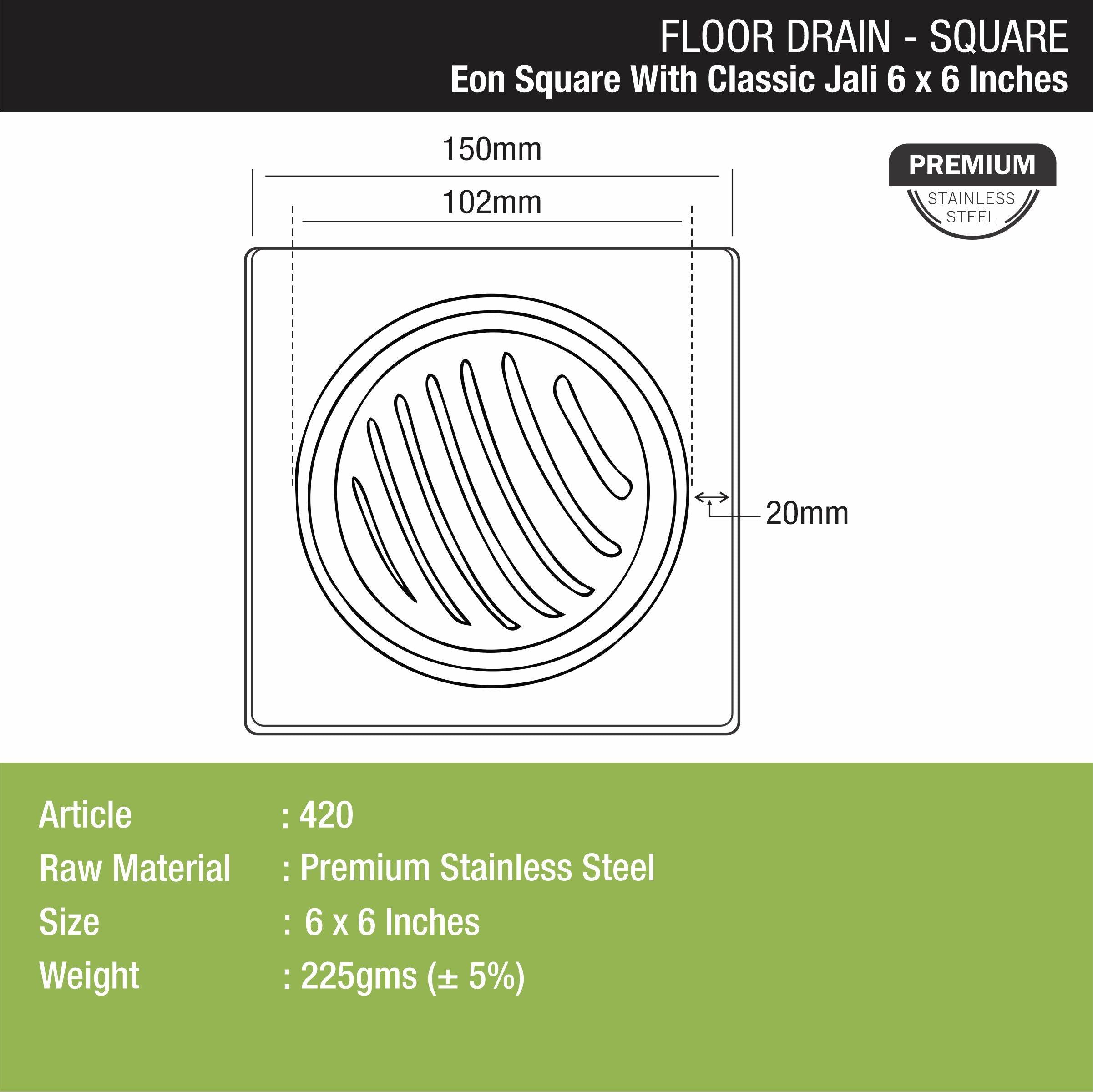 Eon Square Floor Drain with Classic Jali (6 x 6 Inches) - LIPKA - Lipka Home