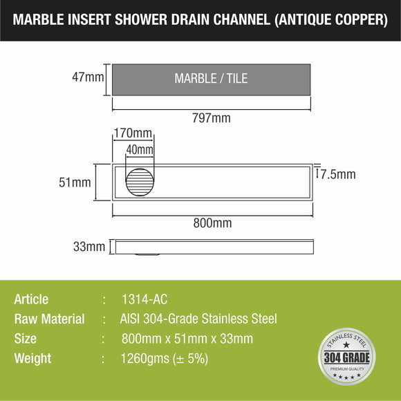 Marble Insert Shower Drain Channel - Antique Copper (32 x 2 Inches) - LIPKA - Lipka Home