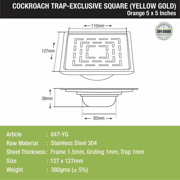 Orange Exclusive Square Floor Drain in Yellow Gold PVD Coating (5 x 5 Inches) with Cockroach Trap - LIPKA - Lipka Home