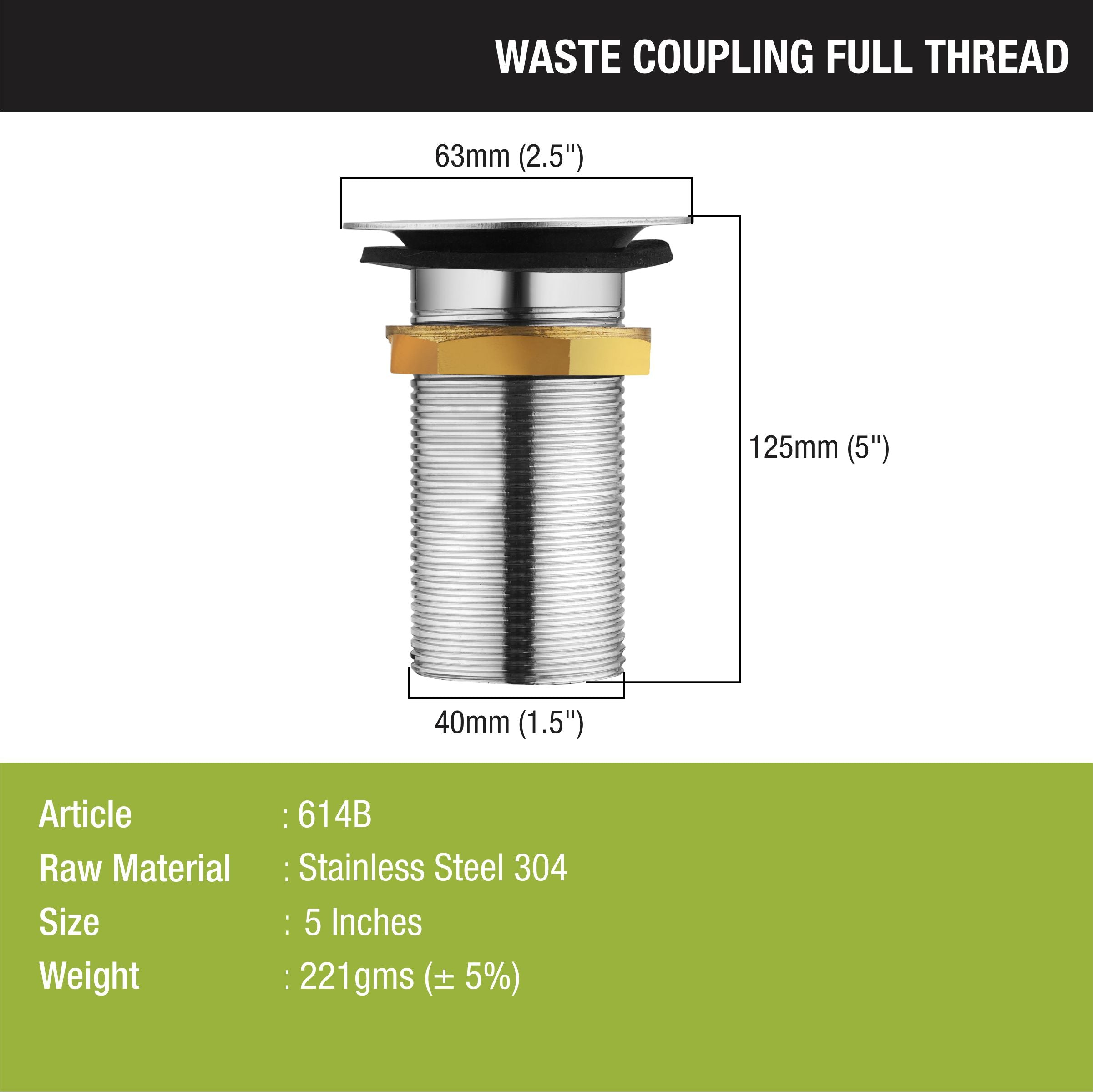 Full Thread Waste Coupling 5” (304-Grade SS) dimensions