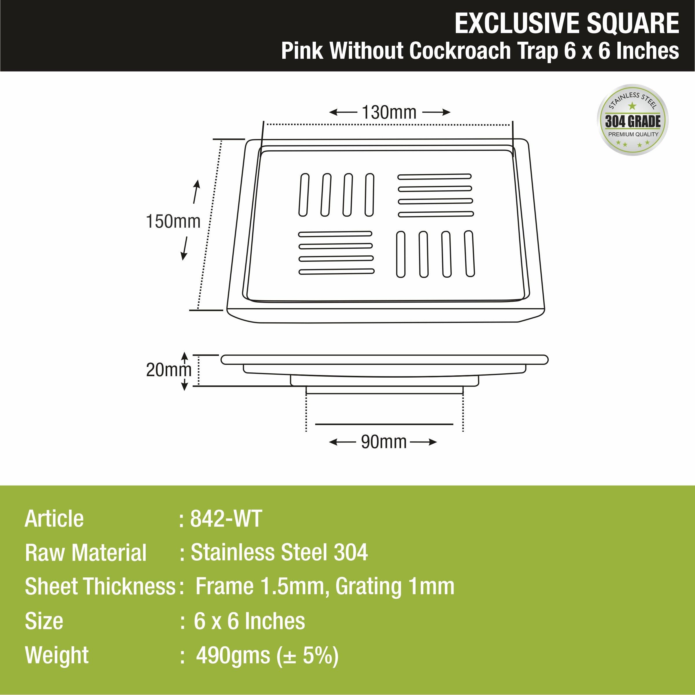 Pink Exclusive Square Floor Drain (6 x 6 Inches) sizes and dimensions