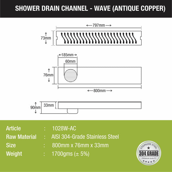 Wave Shower Drain Channel - Antique Copper (32 x 3 Inches) - LIPKA - Lipka Home
