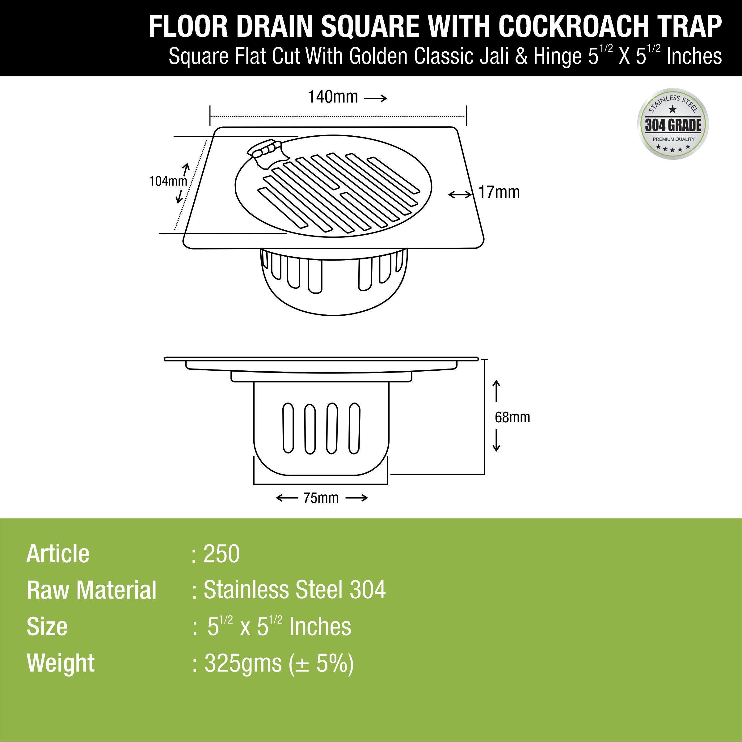 Golden Classic Jali Square Flat Cut Floor Drain (5.5 x 5.5 Inches) with Hinge and Cockroach Trap - LIPKA - Lipka Home