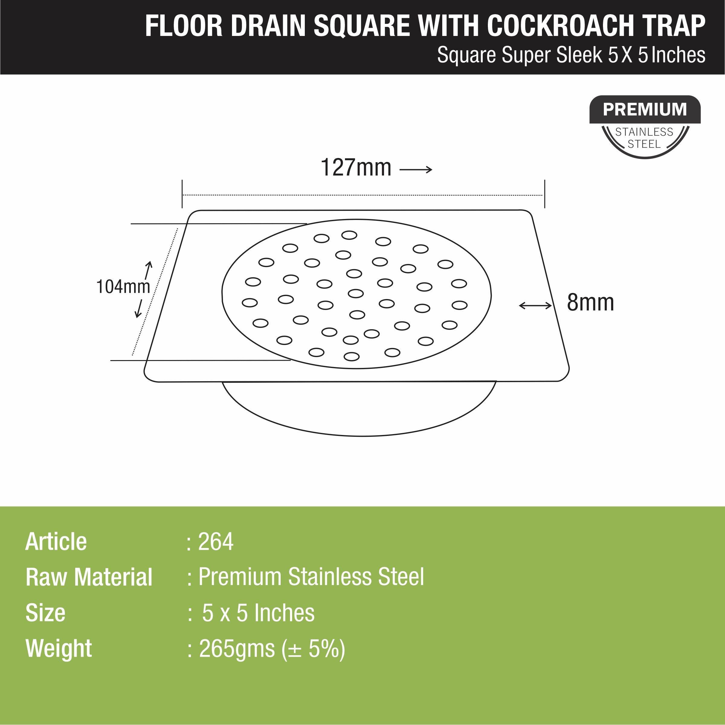 Super Sleek Square Floor Drain (5 x 5 Inches) with Cockroach Trap - LIPKA - Lipka Home