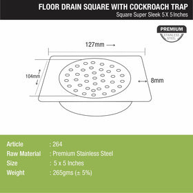 Super Sleek Square Floor Drain (5 x 5 Inches) with Cockroach Trap - LIPKA - Lipka Home