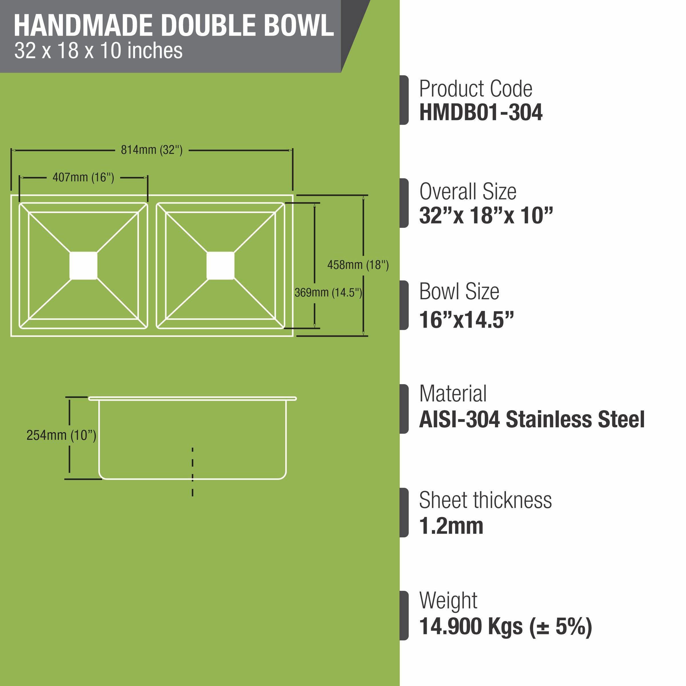 Handmade Double Bowl 304-Grade Kitchen Sink (32 x 18 x 10 Inches) - LIPKA - Lipka Home
