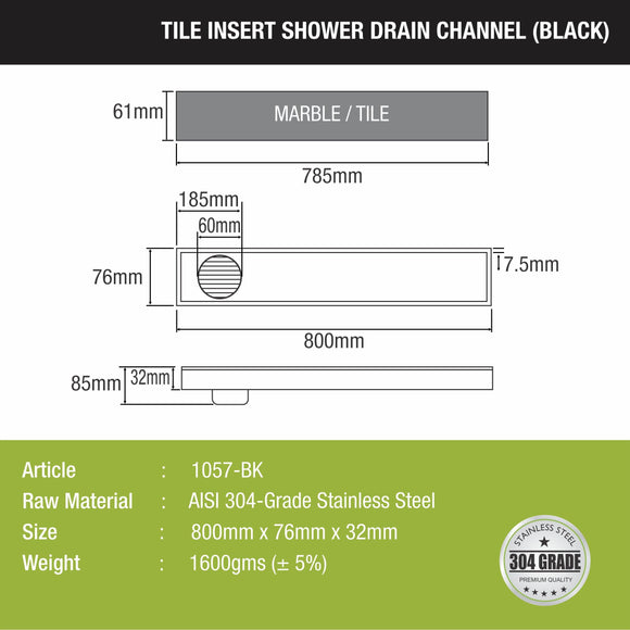 Tile Insert Shower Drain Channel - Black (32 x 3 Inches) - LIPKA - Lipka Home