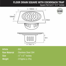 Square Flat Cut Floor Drain (5.5 x 5.5 Inches) with Cockroach Trap - LIPKA - Lipka Home