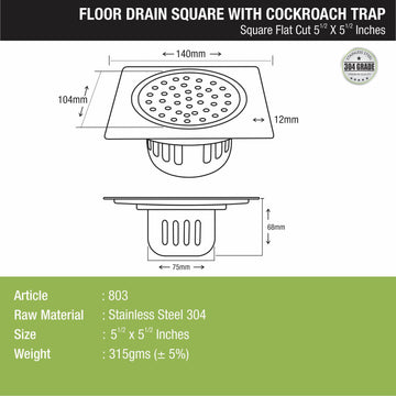 Square Flat Cut Floor Drain (5.5 x 5.5 Inches) with Cockroach Trap - LIPKA - Lipka Home