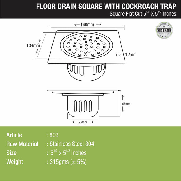 Square Flat Cut Floor Drain (5.5 x 5.5 Inches) with Cockroach Trap - LIPKA - Lipka Home
