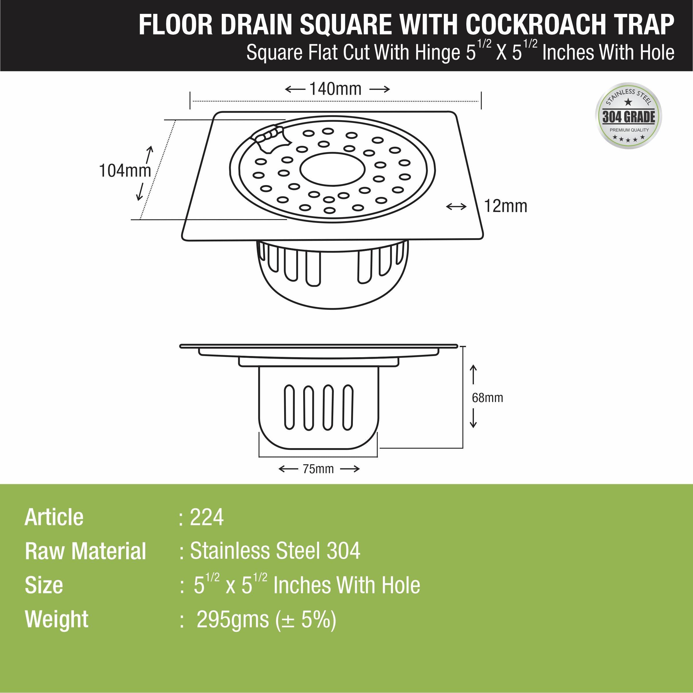 Square Flat Cut Floor Drain (5.5 x 5.5 Inches) with Hinge, Hole and Cockroach Trap - LIPKA - Lipka Home