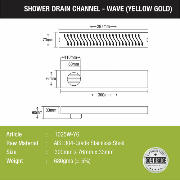 Wave Shower Drain Channel - Yellow Gold (12 x 3 Inches) - LIPKA - Lipka Home