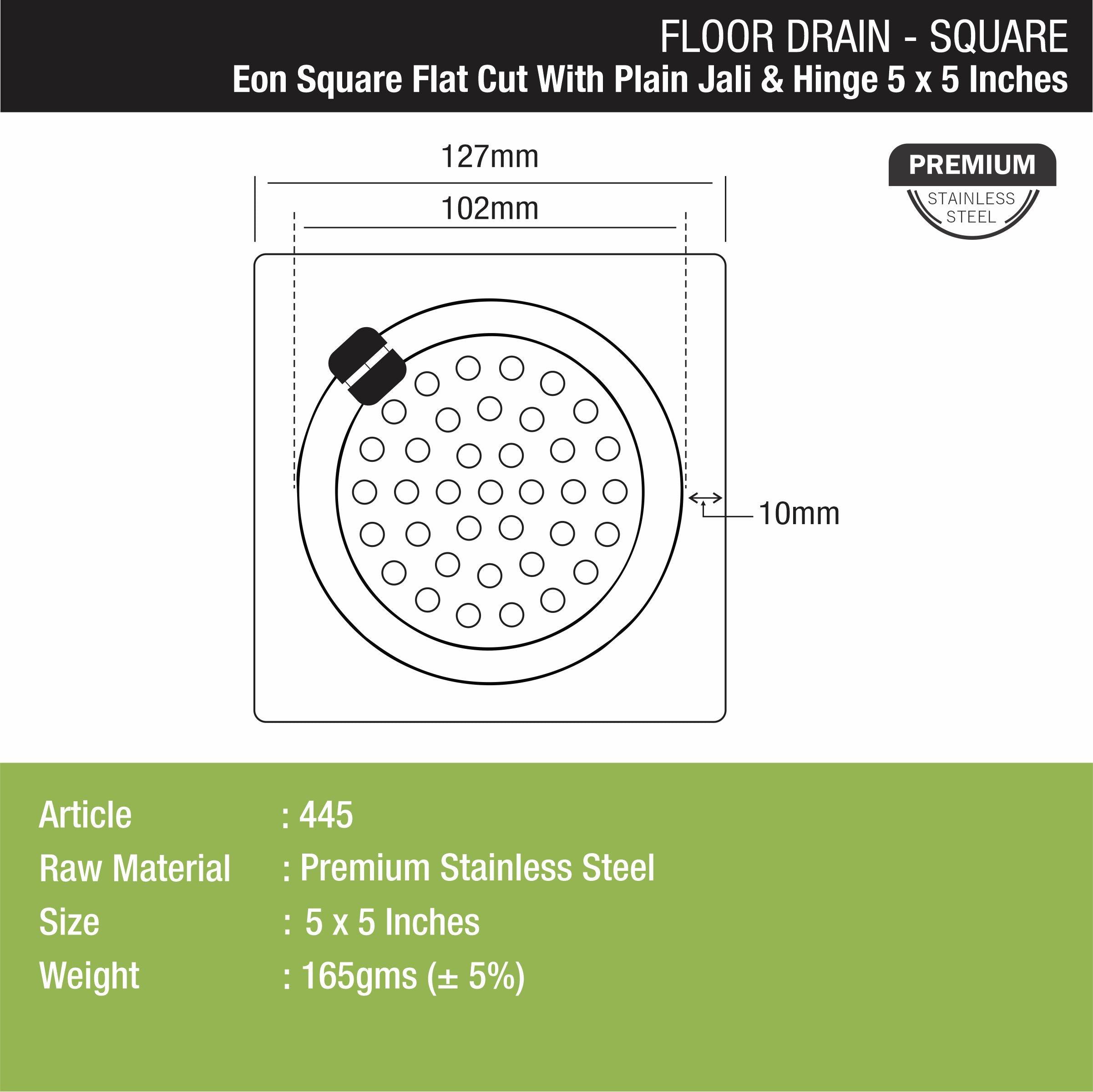 Eon Square Flat Cut Floor Drain with Plain Jali and Hinge (5 x 5 Inches) - LIPKA