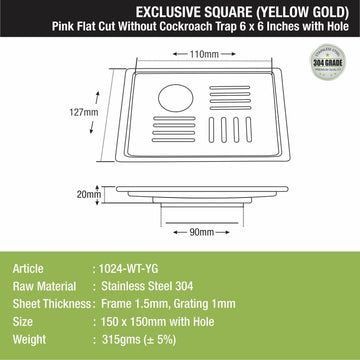 Pink Exclusive Square Flat Cut Floor Drain in Yellow Gold PVD Coating (6 x 6 Inches) with Hole - LIPKA - Lipka Home