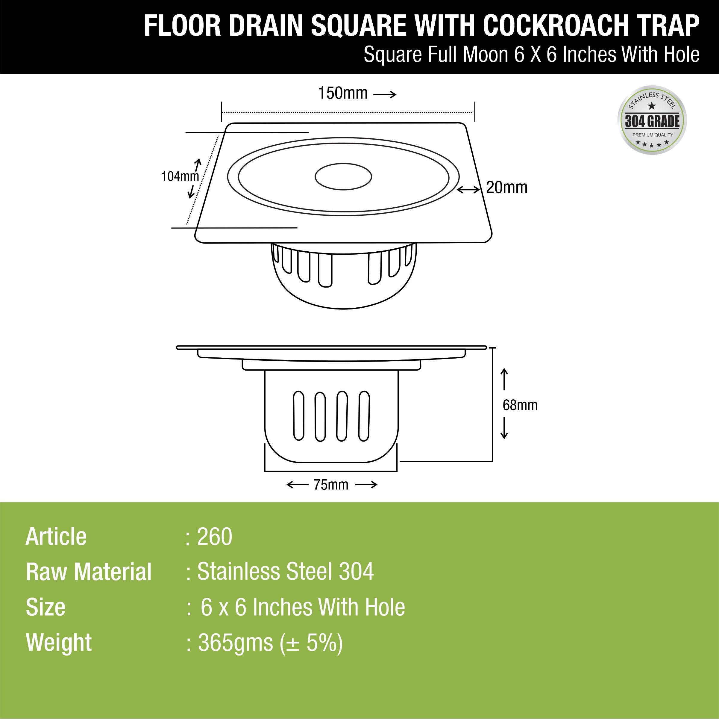 Full Moon Square Floor Drain (6 x 6 Inches) with Hole and Cockroach Trap - LIPKA - Lipka Home