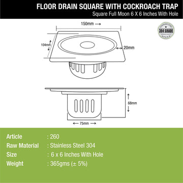 Full Moon Square Floor Drain (6 x 6 Inches) with Hole and Cockroach Trap - LIPKA - Lipka Home