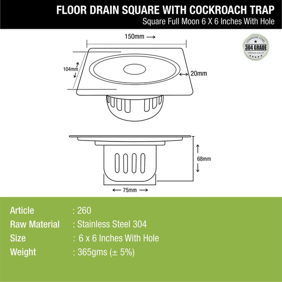 Full Moon Square Floor Drain (6 x 6 Inches) with Hole and Cockroach Trap - LIPKA - Lipka Home