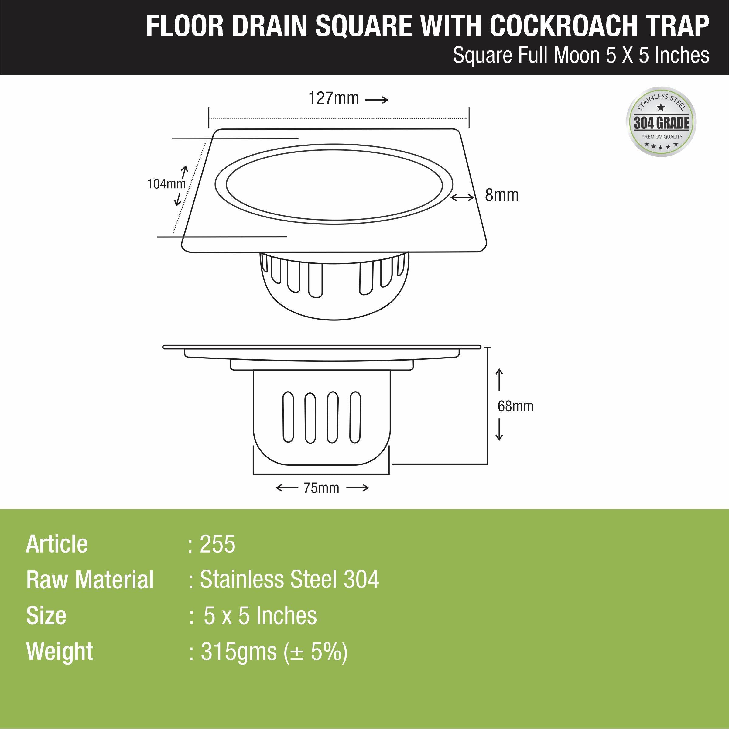 Full Moon Square Floor Drain (5 x 5 Inches) with Cockroach Trap - LIPKA - Lipka Home