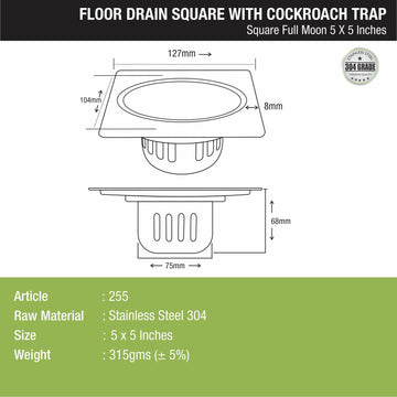 Full Moon Square Floor Drain (5 x 5 Inches) with Cockroach Trap - LIPKA - Lipka Home
