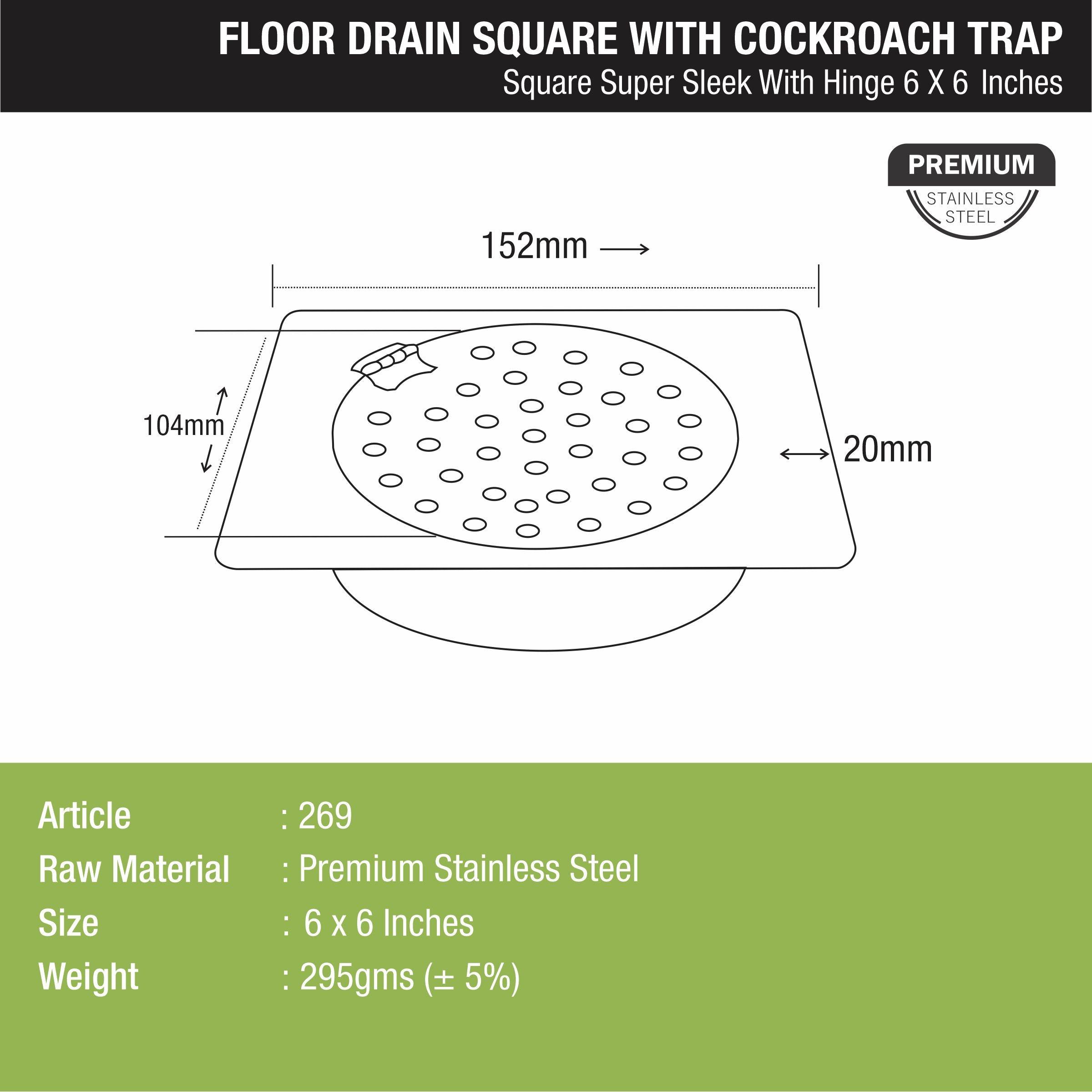 Super Sleek Square Floor Drain (6 x 6 Inches) With Hinge and Cockroach Trap - LIPKA - Lipka Home